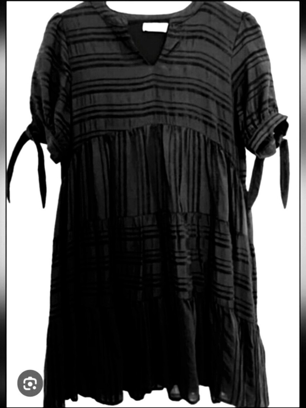 Black Tiered Textured Mini Dress with Tie Sleeves